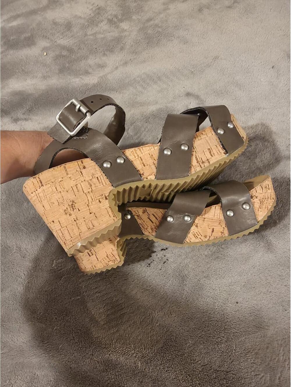 Journee Collection Chunky Cork Wedge Sandals in Dark Brown Size 8